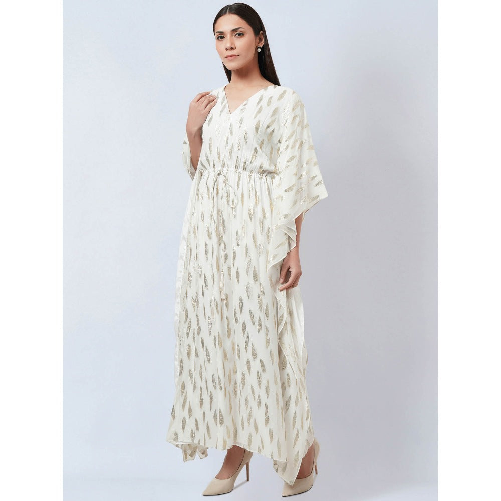 First Resort by Ramola Bachchan Ivory Lurex with Leaf Motifs Kaftan Dress