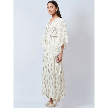 First Resort by Ramola Bachchan Ivory Lurex with Leaf Motifs Kaftan Dress