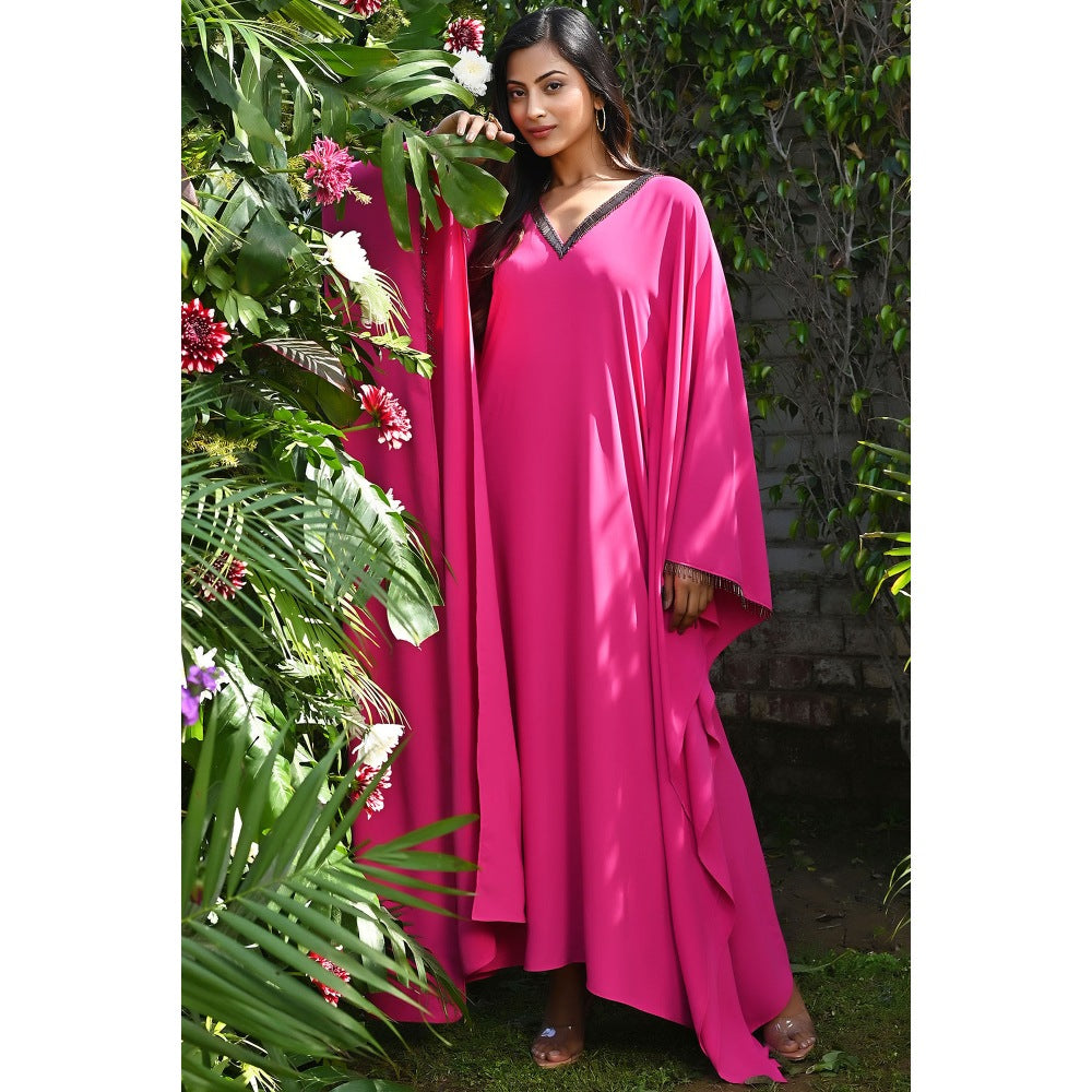 First Resort by Ramola Bachchan Bright Pink Neckline Kaftan Dress with Belt (Set of 2)