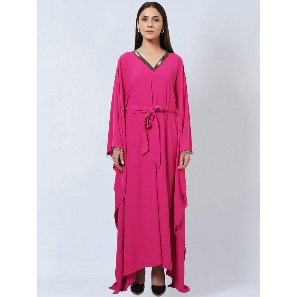 First Resort by Ramola Bachchan Bright Pink Neckline Kaftan Dress with Belt (Set of 2)