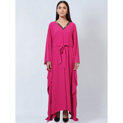 First Resort by Ramola Bachchan Bright Pink Neckline Kaftan Dress with Belt (Set of 2)