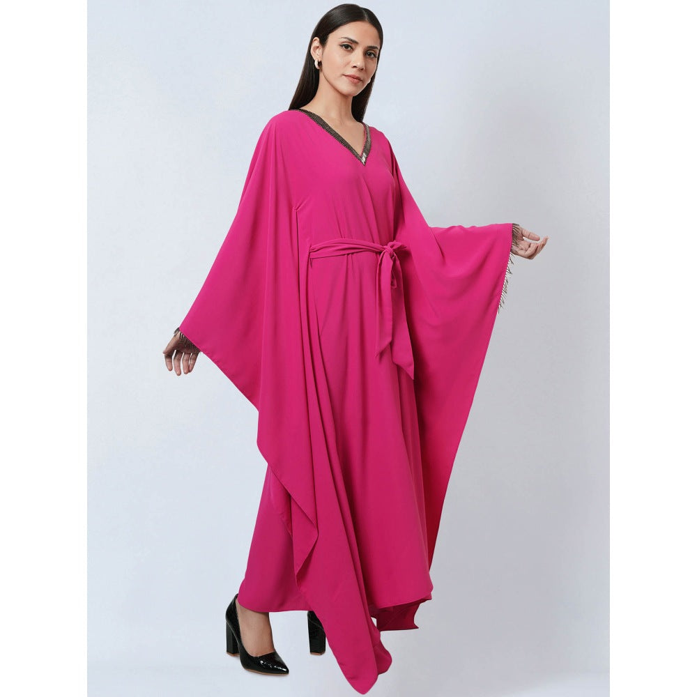 First Resort by Ramola Bachchan Bright Pink Neckline Kaftan Dress with Belt (Set of 2)
