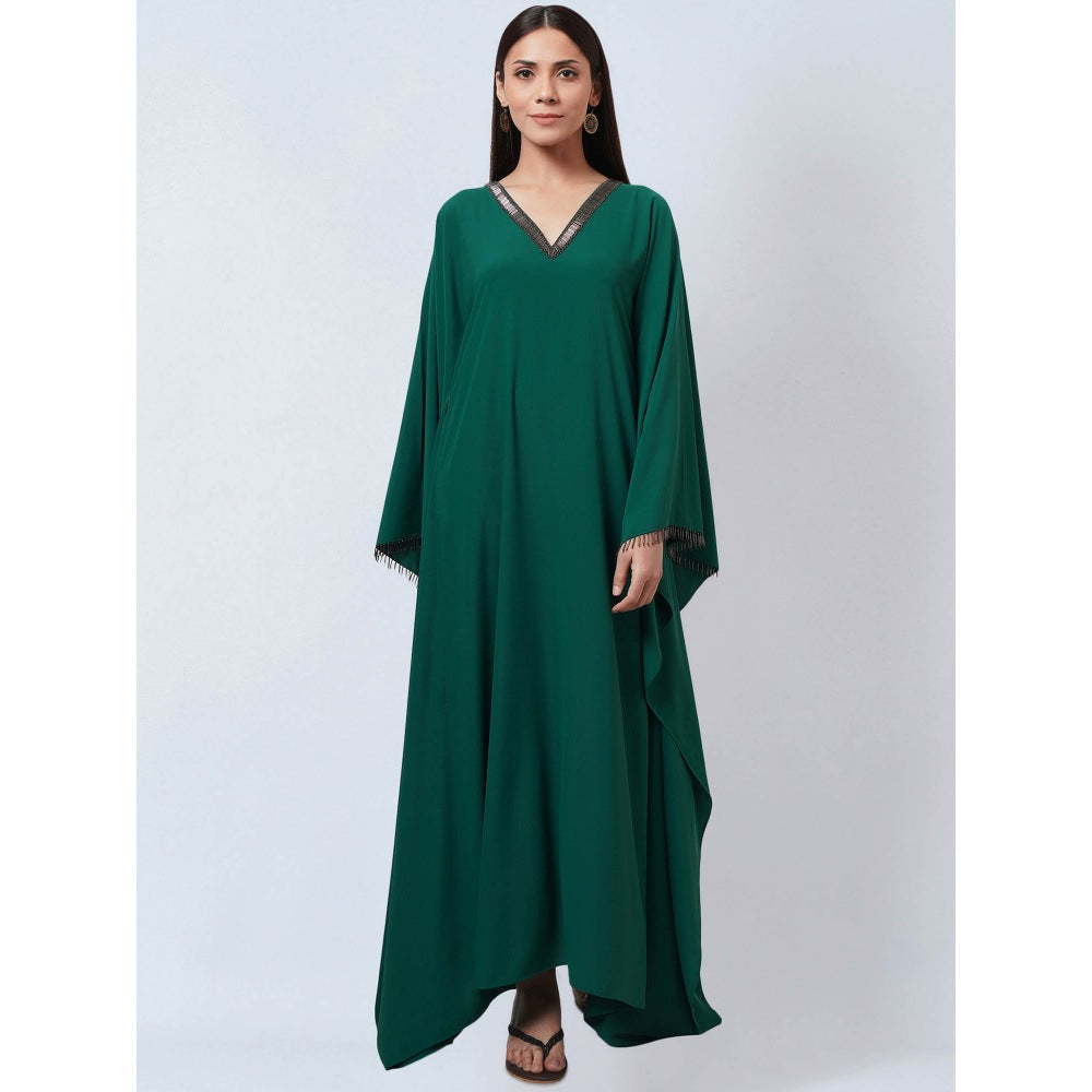 First Resort by Ramola Bachchan Pine Green Neckline Kaftan Dress with Belt (Set of 2)