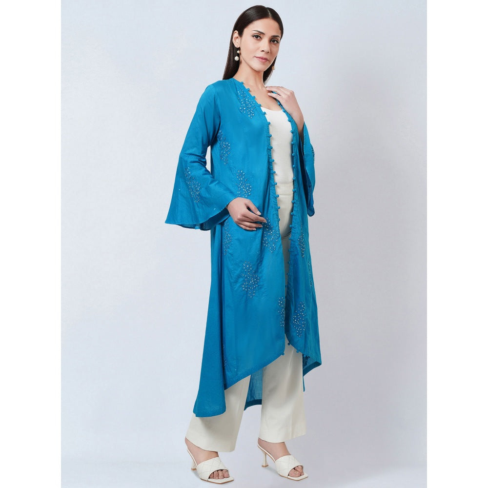 First Resort by Ramola Bachchan Blue Embellished Cotton Jacket