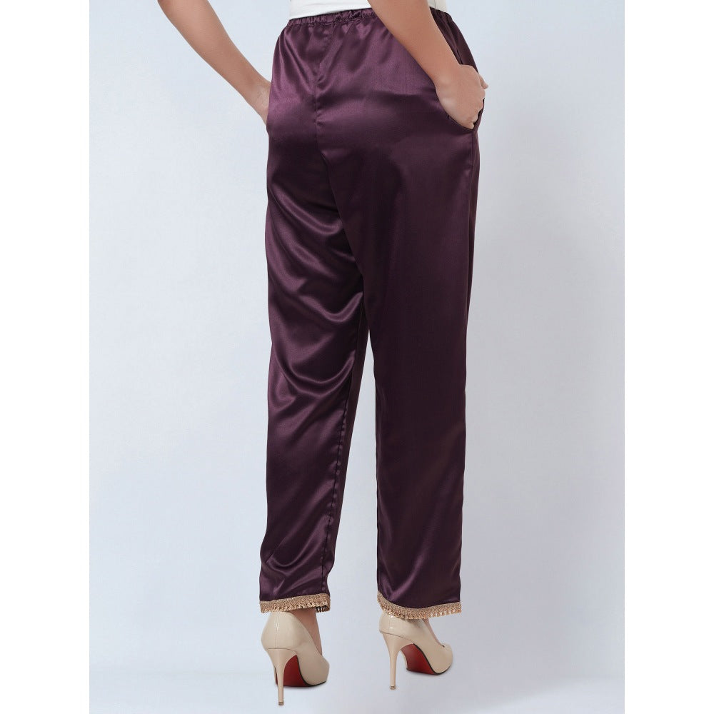 First Resort by Ramola Bachchan Purple Satin Straight Pant with Lace