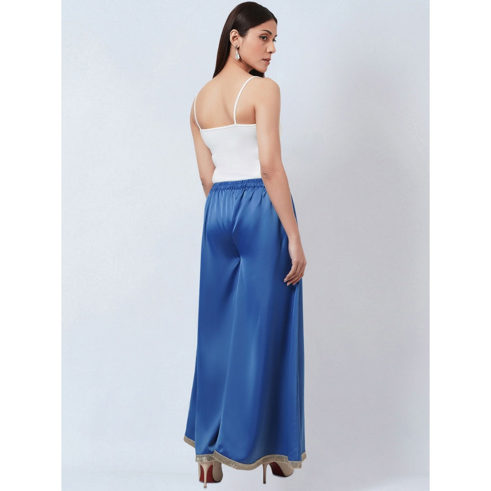 First Resort by Ramola Bachchan Azure Blue Flared Leg Palazzo with Lace