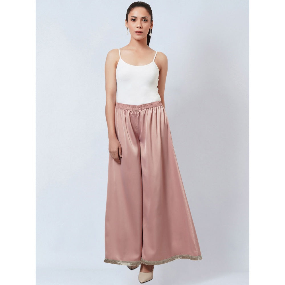 First Resort by Ramola Bachchan Powder Pink Flared Leg Palazzo with Lace