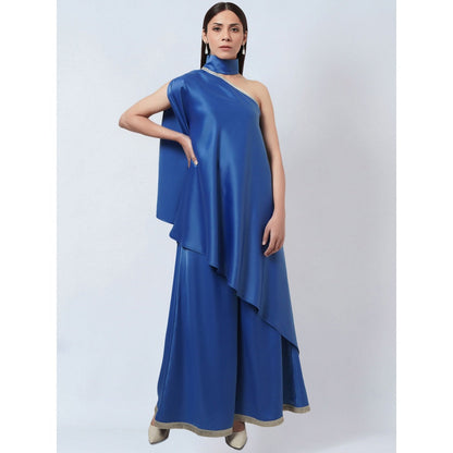First Resort by Ramola Bachchan Azure Blue Asymmetric Top & Palazzo Co-Ord (Set of 2)