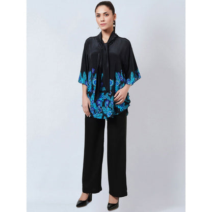 First Resort by Ramola Bachchan Black & Blue Floral Bow Tie Top & Pant Co-Ord (Set of 2)