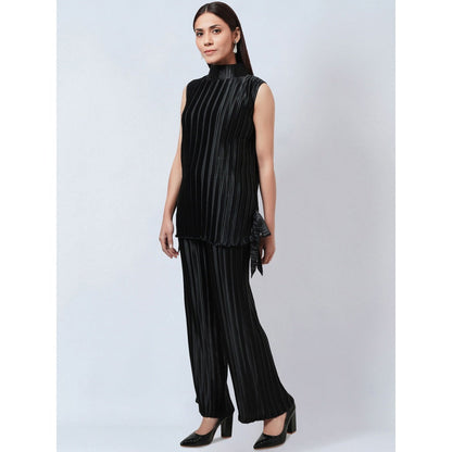 First Resort by Ramola Bachchan Black Sleeveless Turtle Neck Box Pleated Top