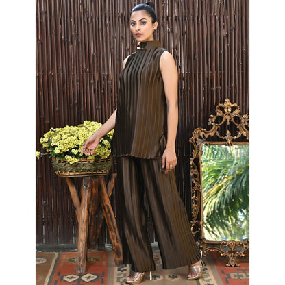 First Resort by Ramola Bachchan Brown Sleeveless Turtle Neck Box Pleated Top