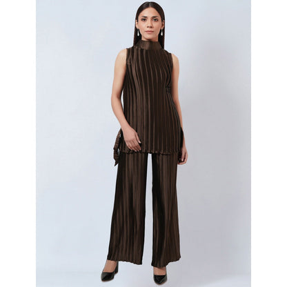 First Resort by Ramola Bachchan Brown Sleeveless Turtle Neck Box Pleated Top