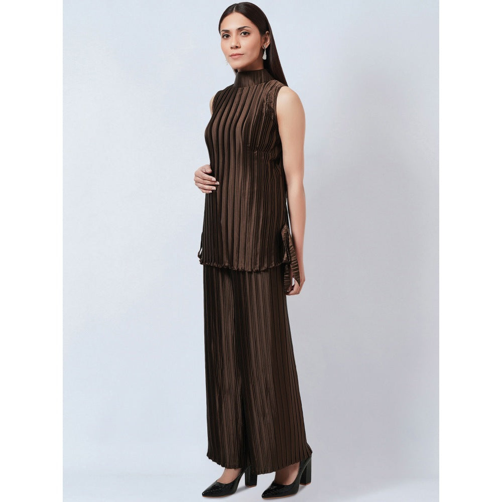 First Resort by Ramola Bachchan Brown Sleeveless Turtle Neck Box Pleated Top