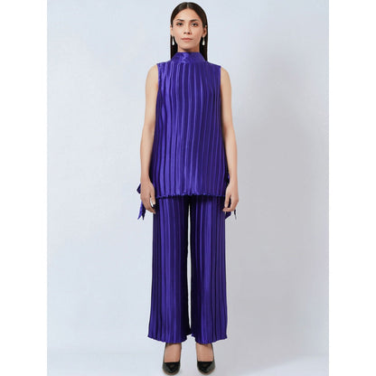 First Resort by Ramola Bachchan Purple Sleeveless Turtle Neck Box Pleated Top