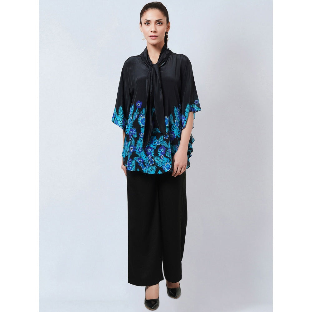 First Resort by Ramola Bachchan Black & Blue Floral Bow Tie Top