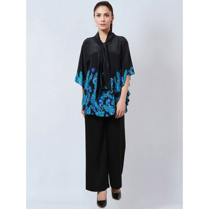 First Resort by Ramola Bachchan Black & Blue Floral Bow Tie Top