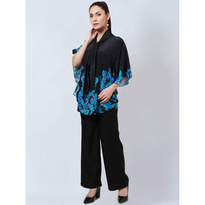 First Resort by Ramola Bachchan Black & Blue Floral Bow Tie Top