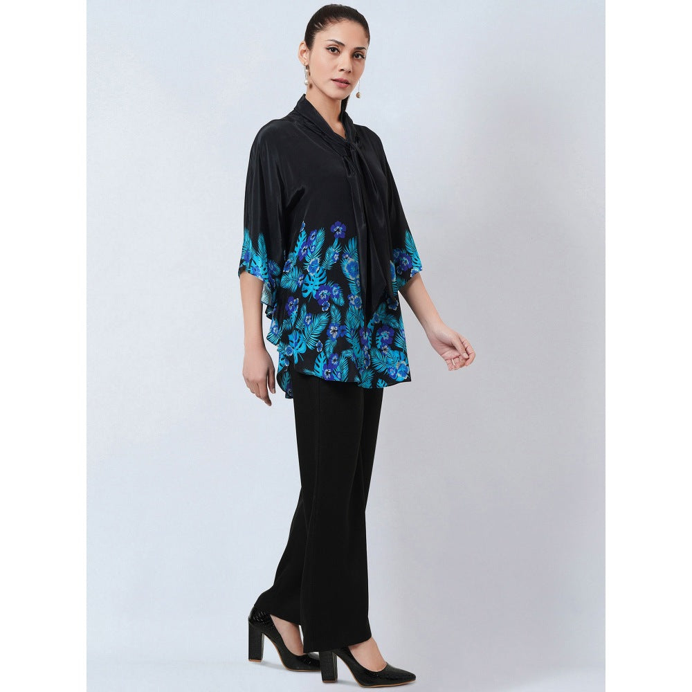 First Resort by Ramola Bachchan Black & Blue Floral Bow Tie Top