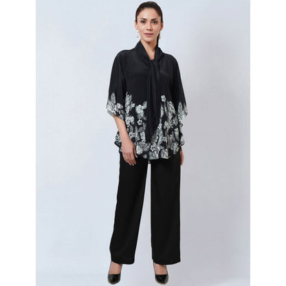 First Resort by Ramola Bachchan Black & White Floral Bow Tie Top