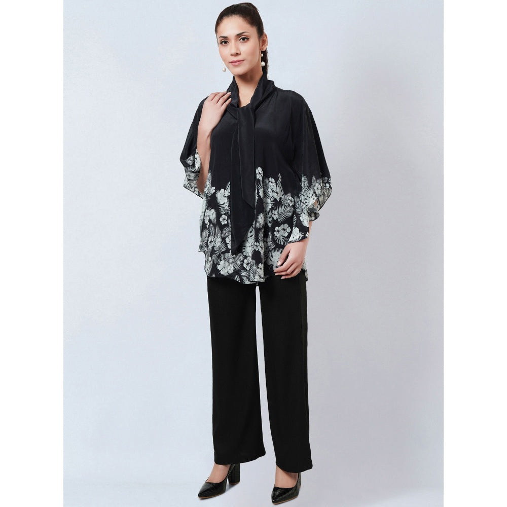 First Resort by Ramola Bachchan Black & White Floral Bow Tie Top