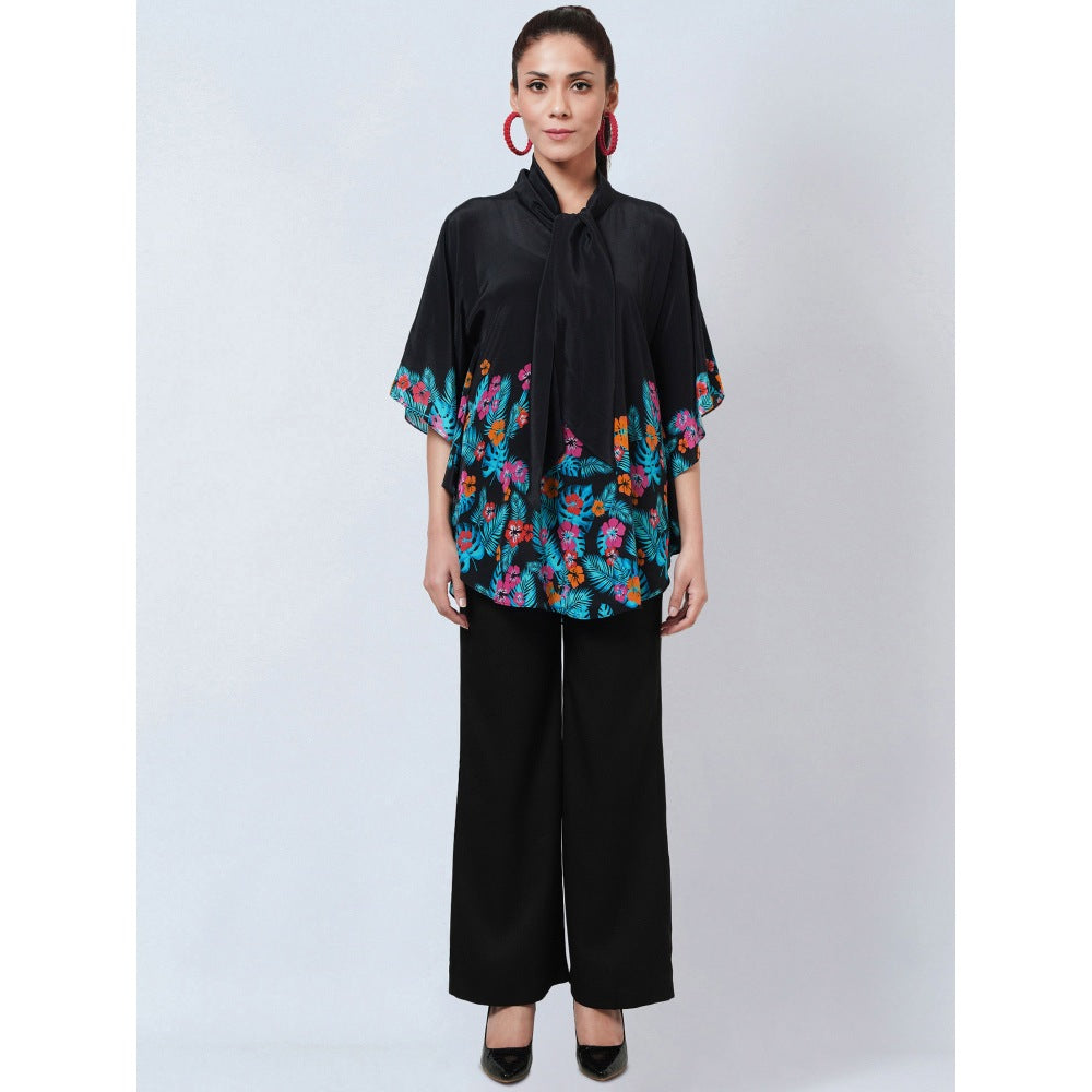 First Resort by Ramola Bachchan Black & Pink Floral Bow Tie Top
