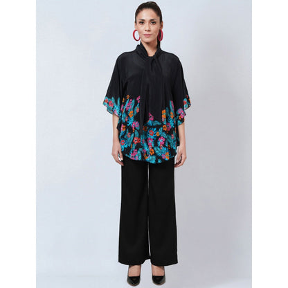 First Resort by Ramola Bachchan Black & Pink Floral Bow Tie Top