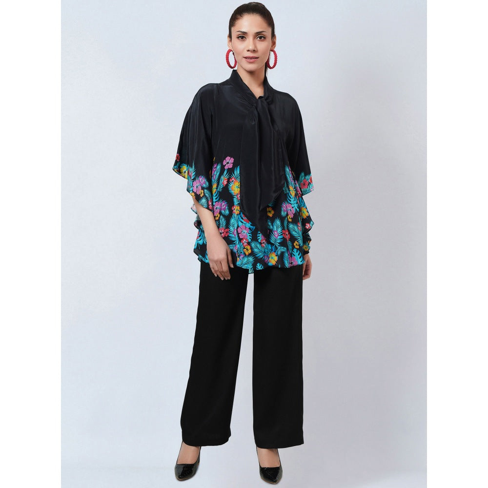 First Resort by Ramola Bachchan Black & Yellow Floral Bow Tie Top