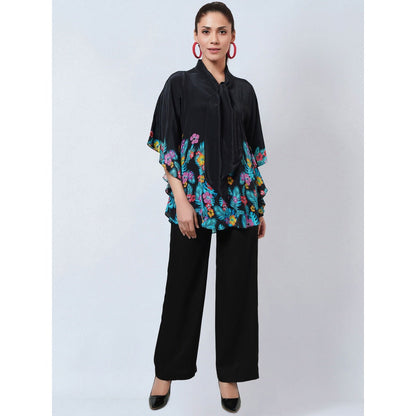 First Resort by Ramola Bachchan Black & Yellow Floral Bow Tie Top