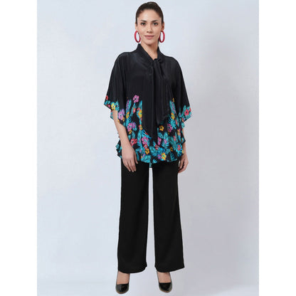 First Resort by Ramola Bachchan Black & Yellow Floral Bow Tie Top