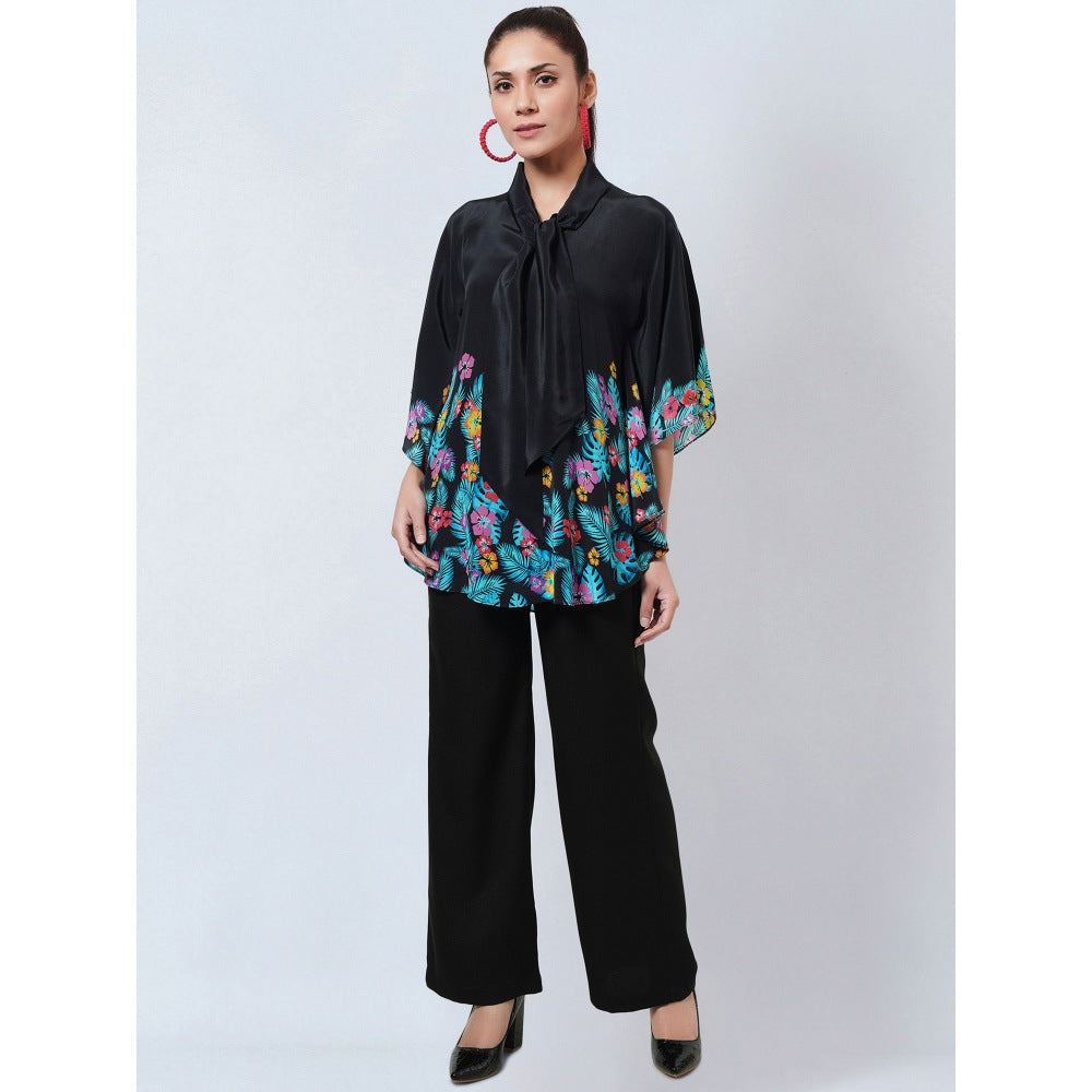 First Resort by Ramola Bachchan Black & Yellow Floral Bow Tie Top