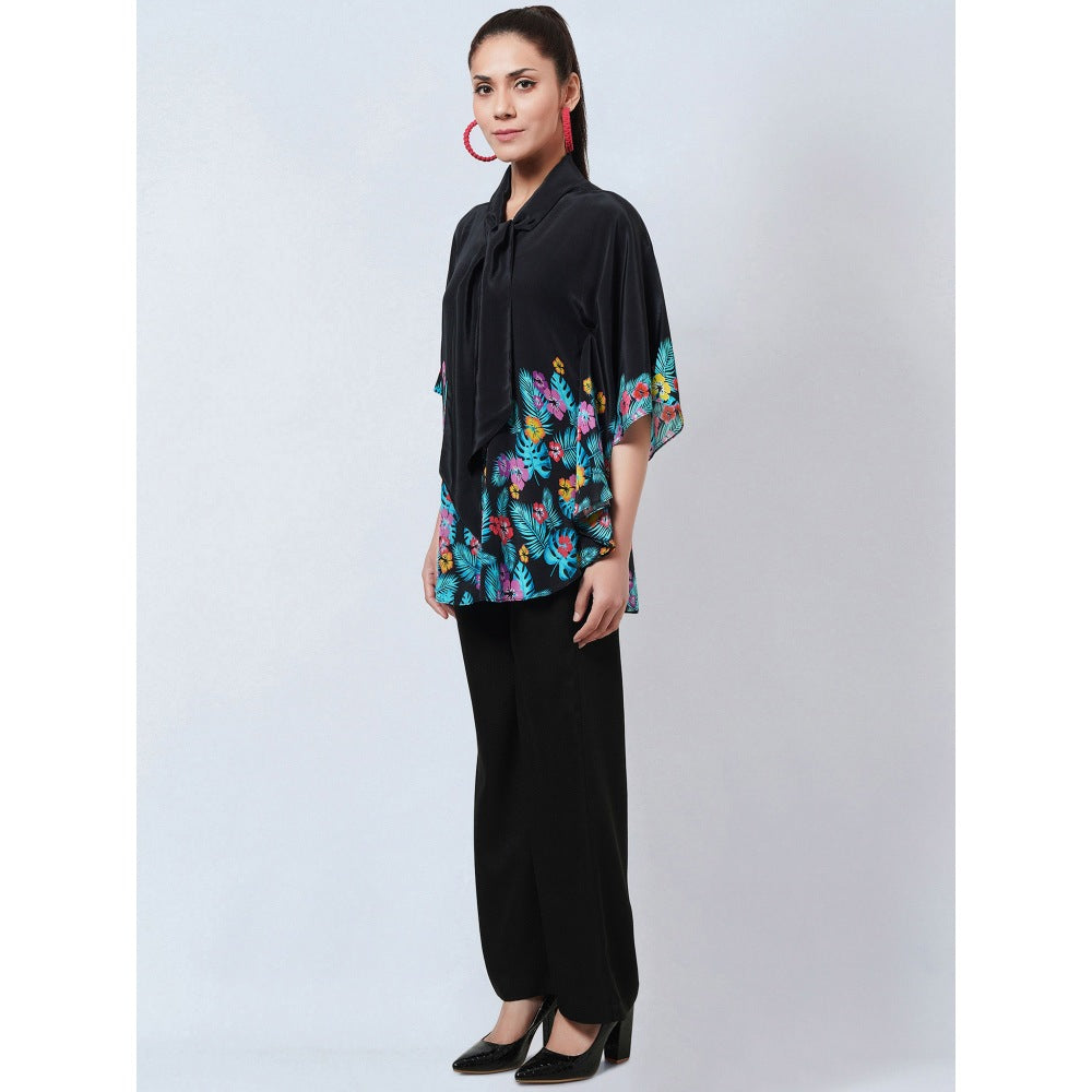 First Resort by Ramola Bachchan Black & Yellow Floral Bow Tie Top