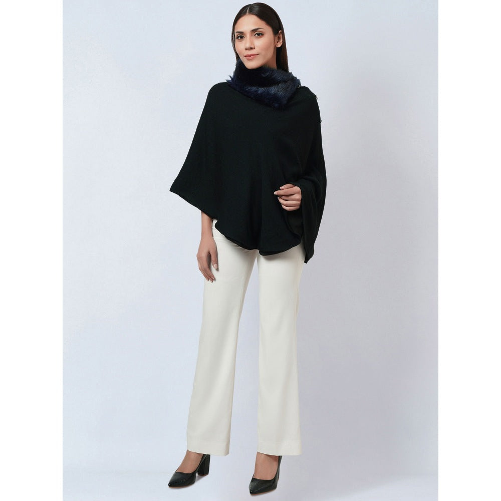 First Resort by Ramola Bachchan Black Asymmetrical Fur Collar Cashmere Poncho