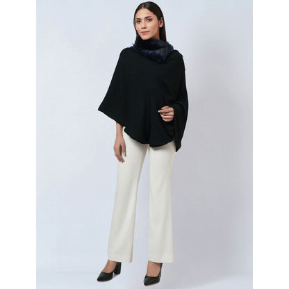 First Resort by Ramola Bachchan Black Asymmetrical Fur Collar Cashmere Poncho