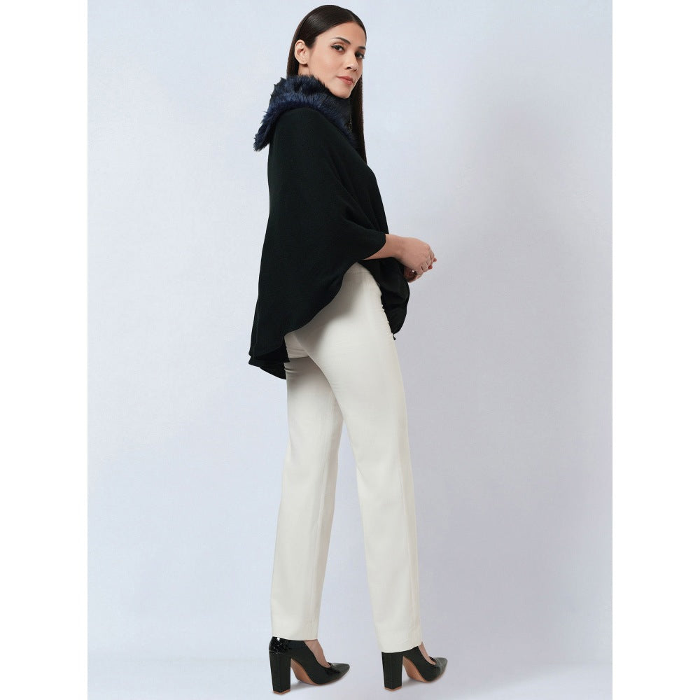 First Resort by Ramola Bachchan Black Asymmetrical Fur Collar Cashmere Poncho