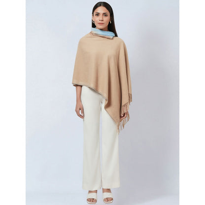 First Resort by Ramola Bachchan Beige Asymmetrical Cowl Neck Embellished Cashmere Poncho