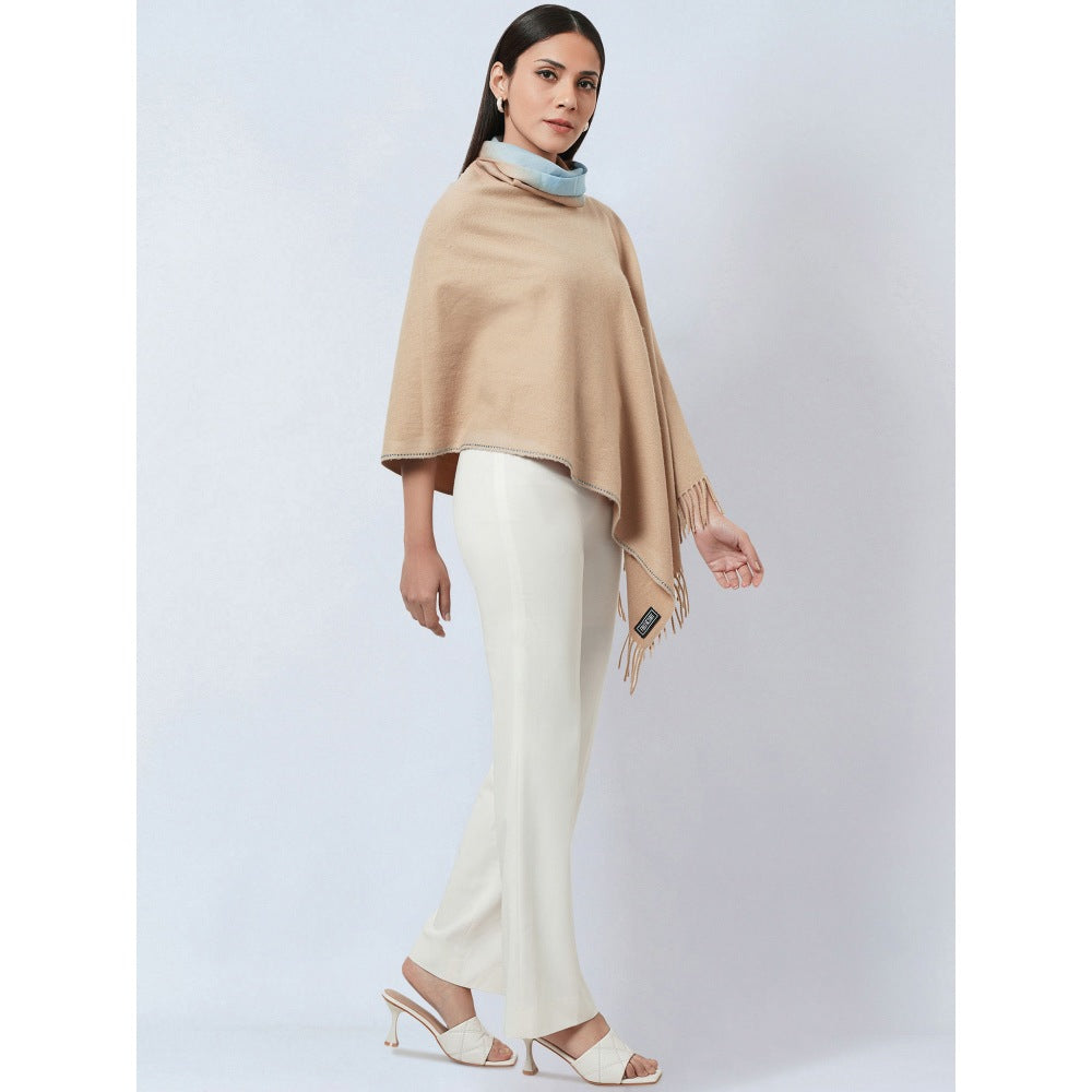 First Resort by Ramola Bachchan Beige Asymmetrical Cowl Neck Embellished Cashmere Poncho