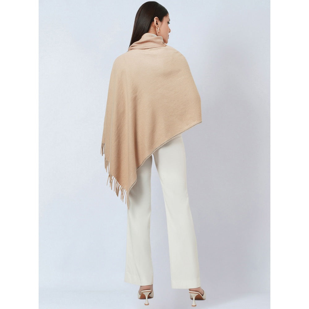 First Resort by Ramola Bachchan Beige Asymmetrical Cowl Neck Embellished Cashmere Poncho