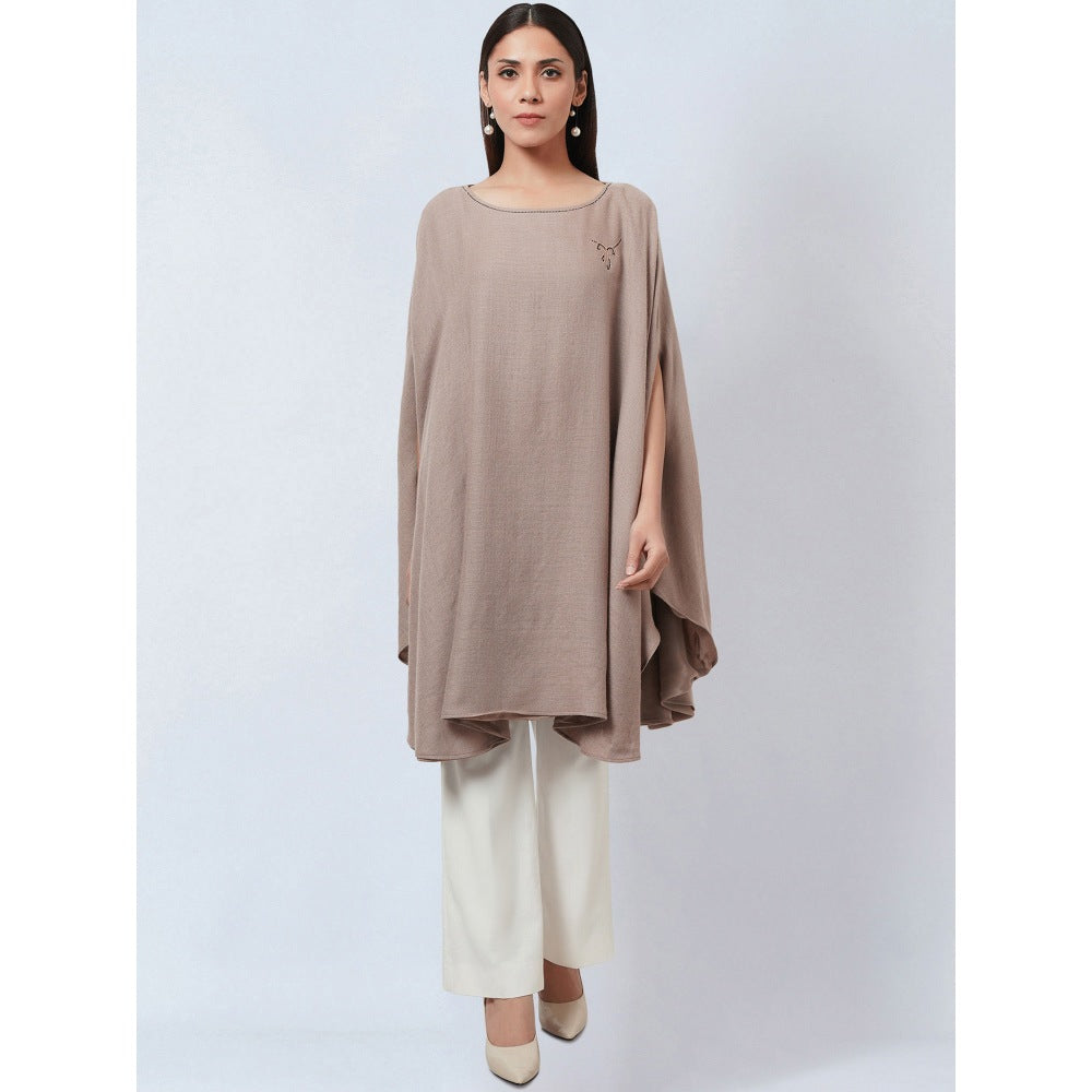 First Resort by Ramola Bachchan Taupe Embellished Long Cashmere Poncho