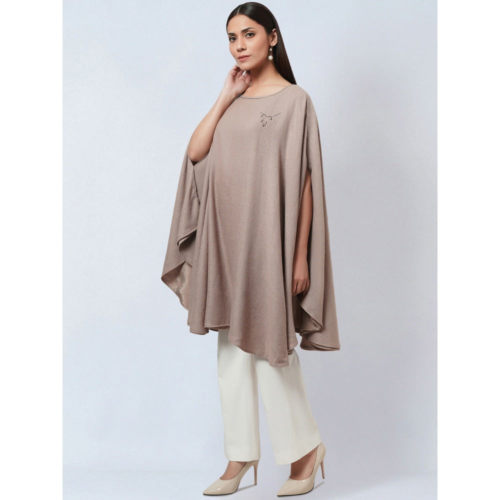 First Resort by Ramola Bachchan Taupe Embellished Long Cashmere Poncho