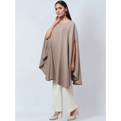 First Resort by Ramola Bachchan Taupe Embellished Long Cashmere Poncho