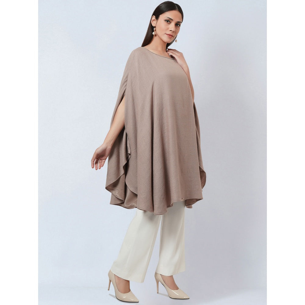First Resort by Ramola Bachchan Taupe Embellished Long Cashmere Poncho