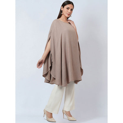 First Resort by Ramola Bachchan Taupe Embellished Long Cashmere Poncho
