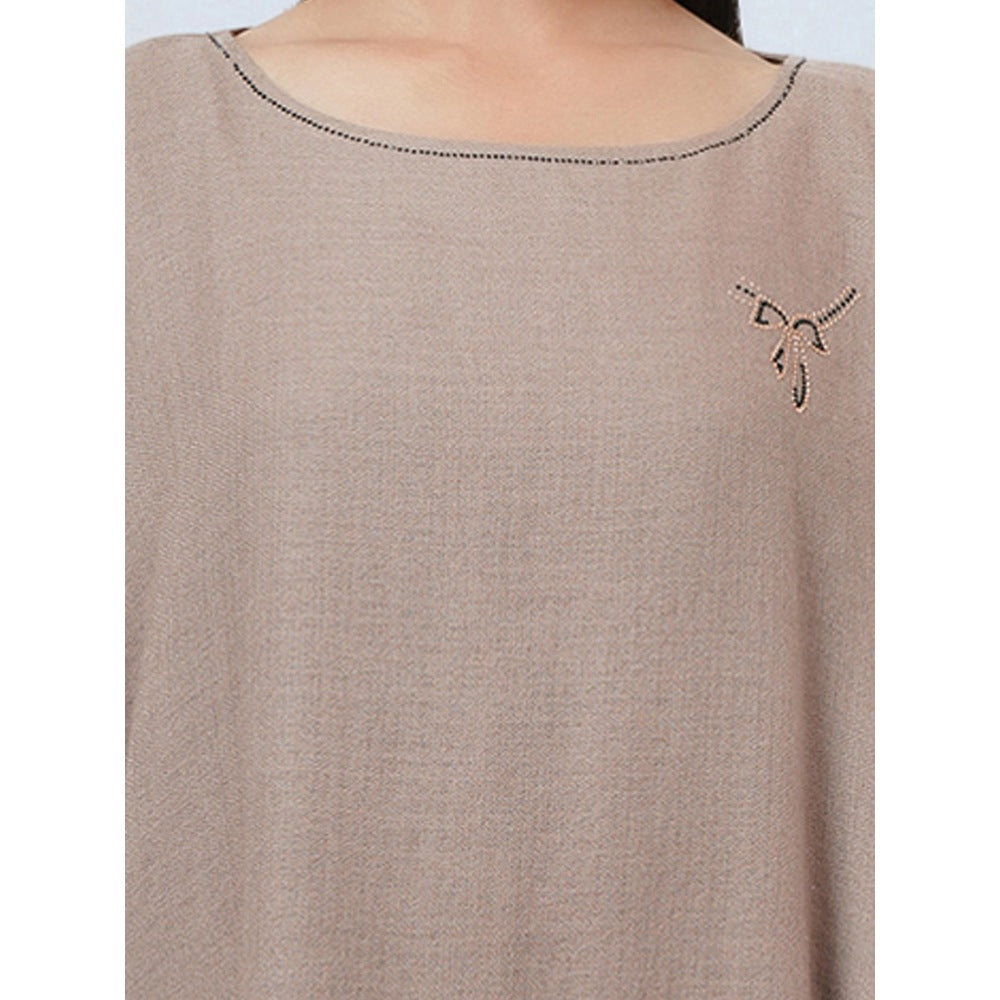 First Resort by Ramola Bachchan Taupe Embellished Long Cashmere Poncho