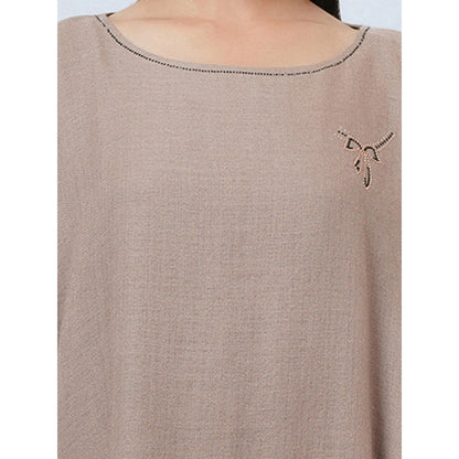 First Resort by Ramola Bachchan Taupe Embellished Long Cashmere Poncho