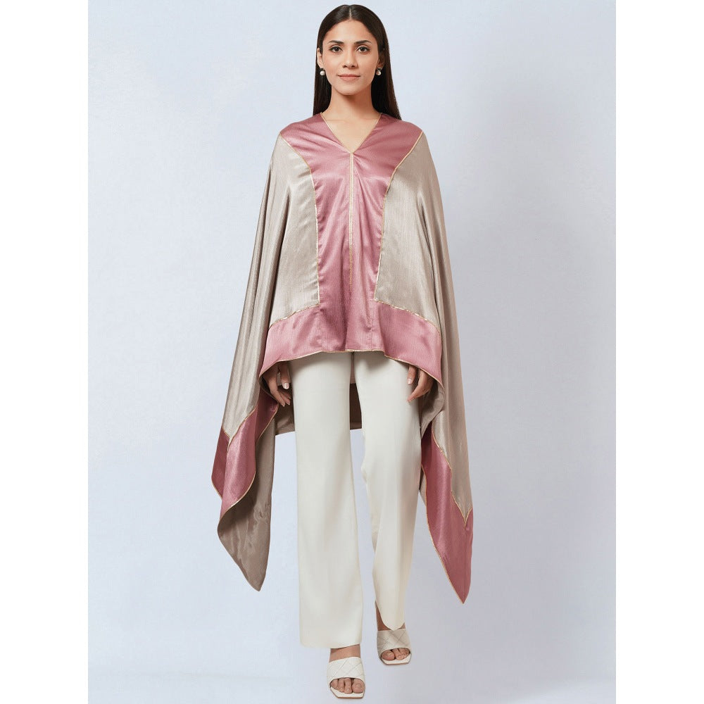 First Resort by Ramola Bachchan Grey Satin Asymmetrical Top with Dusty Rose Border