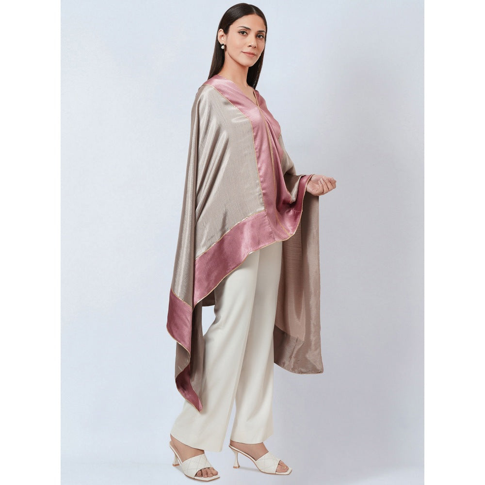 First Resort by Ramola Bachchan Grey Satin Asymmetrical Top with Dusty Rose Border