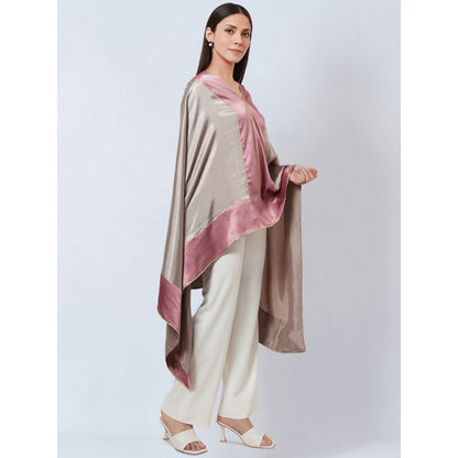 First Resort by Ramola Bachchan Grey Satin Asymmetrical Top with Dusty Rose Border
