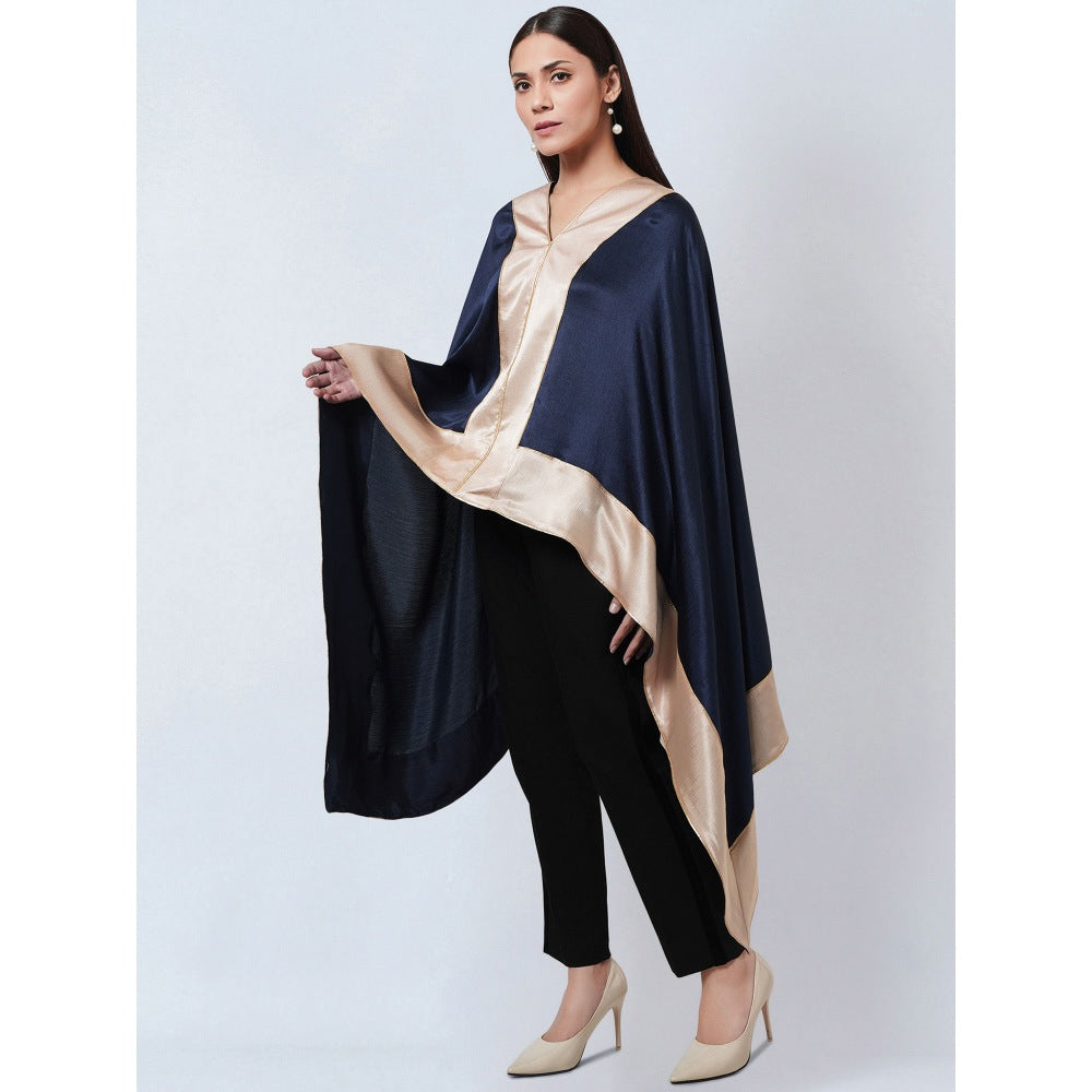 First Resort by Ramola Bachchan Navy Blue Satin Asymmetrical Top with Gold Border