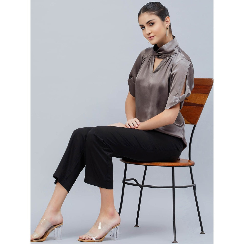 First Resort by Ramola Bachchan Grey Twisted Embellished Satin Shirt