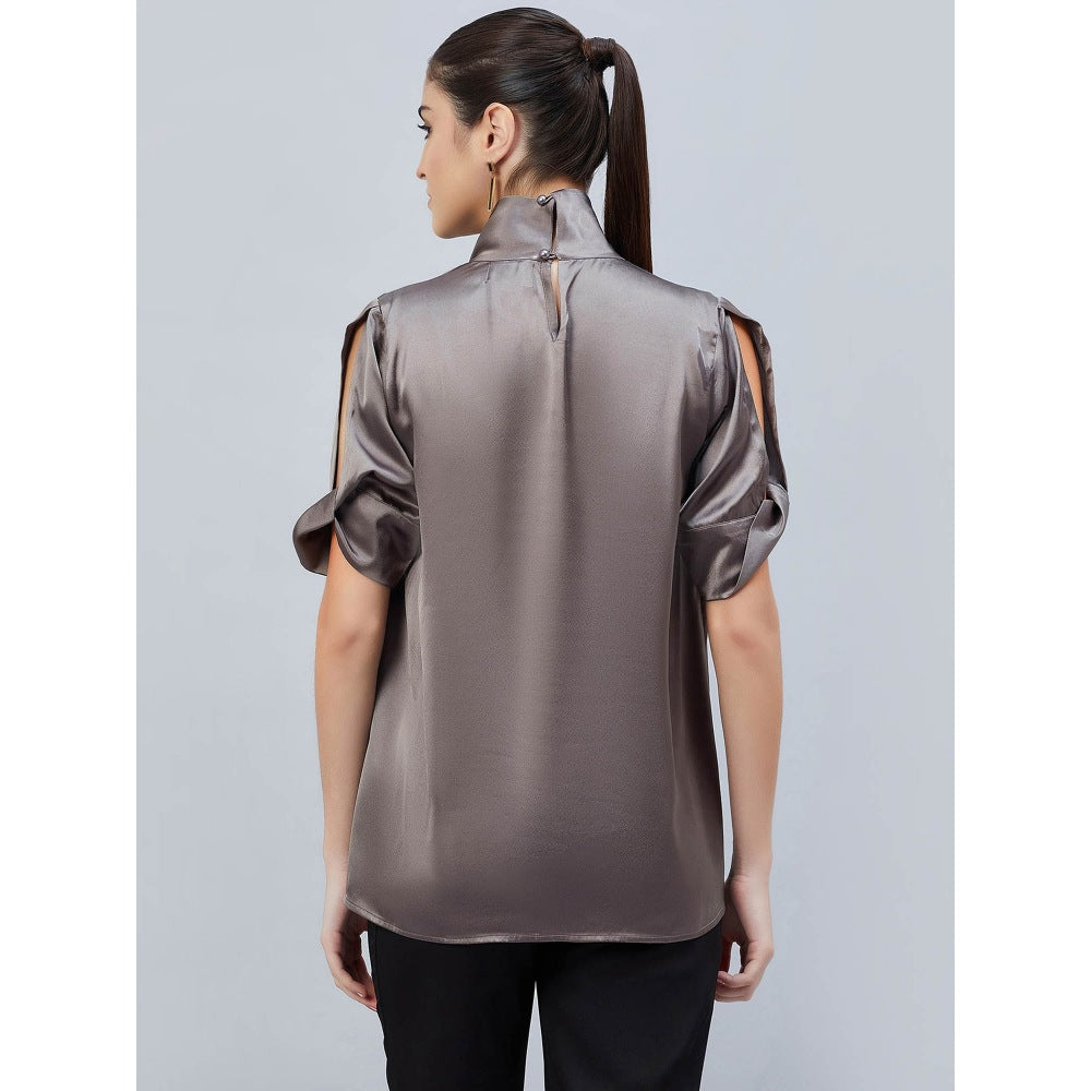 First Resort by Ramola Bachchan Grey Twisted Embellished Satin Shirt